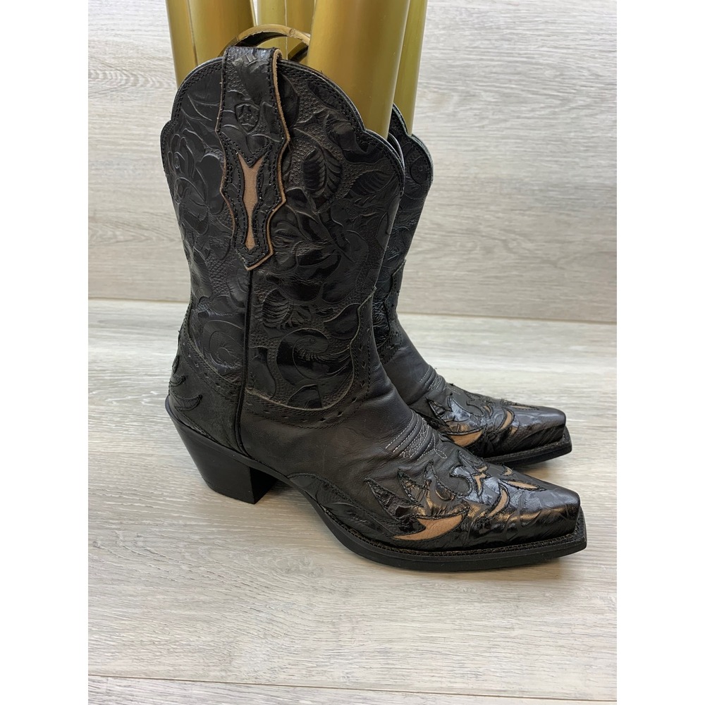 Ariat Women's Black Leather Tooling Cut Out Snip Toe Western Boots 7.5